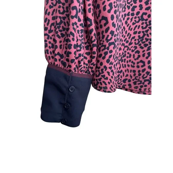 Express Women’s Animal Print Blouse Size SP Maroon Black Long Sleeve Petite - Picture 5 of 8